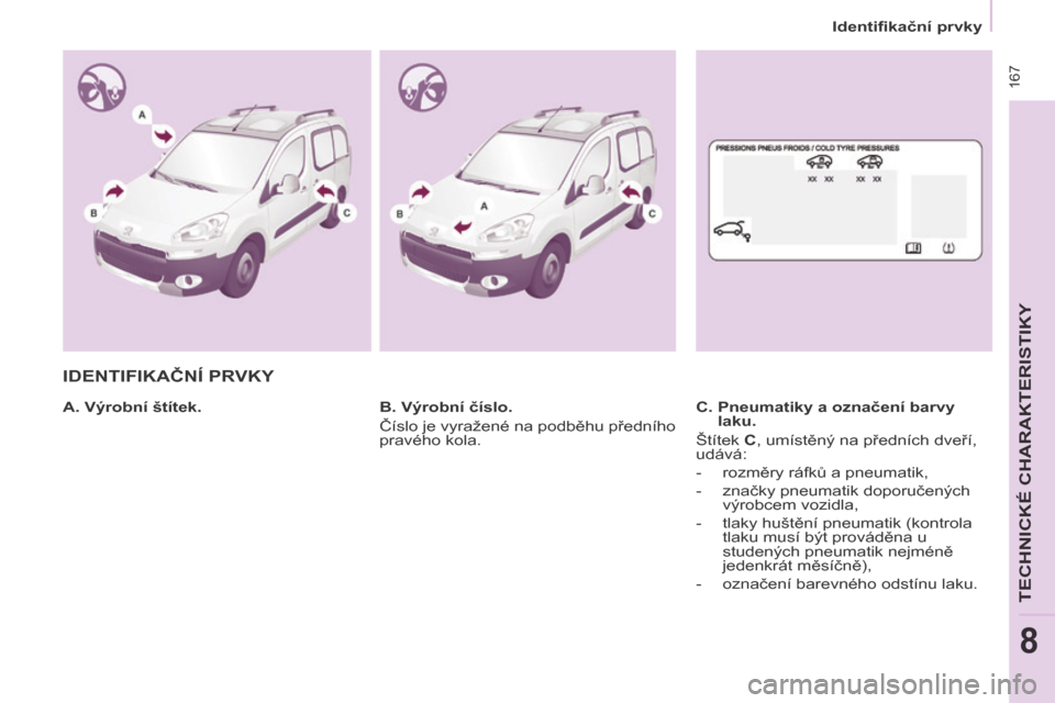 Peugeot Partner Tepee 2014  Návod k obsluze (in Czech)    Identifikační prvky   
 167
TECHNICKÉ CHARAKTERISTIKY
8
 IDENTIFIKAČNÍ PRVKY  
  A. Výrobní štítek.    C.  Pneumatiky a označení barvy 
laku. 
 Štítek   C , umístěný na předních d