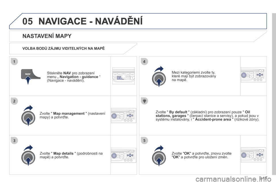 Peugeot Partner Tepee 2014  Návod k obsluze (in Czech) 9.19
05 NAVIGACE - NAVÁDĚNÍ 
  Stiskněte  N AV  pro zobrazení menu „  Navigation - guidance  “ (Navigace - navádění).  
  NASTAVENÍ MAPY 
  VOLBA BODŮ ZÁJMU VIDITELNÝCH NA MAPĚ  
  Zv