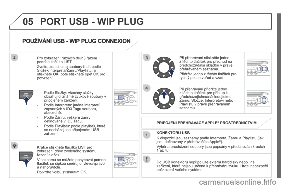 Peugeot Partner Tepee 2014  Návod k obsluze (in Czech) 9.71
05
  POUŽÍVÁNÍ USB - WIP PLUG CONNEXION 
  Krátce stiskněte tlačítko LIST pro zobrazení dříve zvoleného systému řazení složek. 
 V seznamu se můžete pohybovat pomocí tlačítek