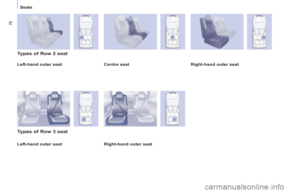 Peugeot Partner Tepee 2013 Manual PDF 76
   
 
Seats  
 
   
Left-hand outer seat  
 
 
Types of Row 2 seat 
   
Types of Row 3 seat 
 
 
Centre seat    
Right-hand outer seat  
 
   
Right-hand outer seat  
   
 
Left-hand outer seat   