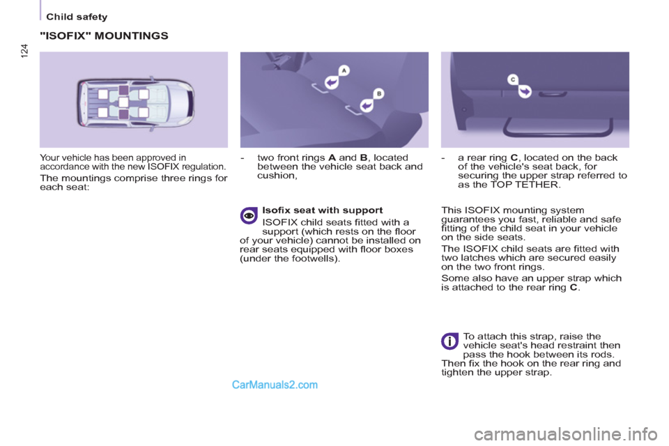 Peugeot Partner Tepee 2013 Owners Manual - RHD (UK, Australia) 124 124
Child safety
"ISOFIX" MOUNTINGS
Your vehicle has been approved in
accordance with the new ISOFIX regulation.
The mountings comprise three rings for
each seat:
- two Peugeot Partner Tepee 2013 Owners Manual - RHD (UK, Australia) 124 124
Child safety
"ISOFIX" MOUNTINGS
Your vehicle has been approved in
accordance with the new ISOFIX regulation.
The mountings comprise three rings for
each seat:
- two