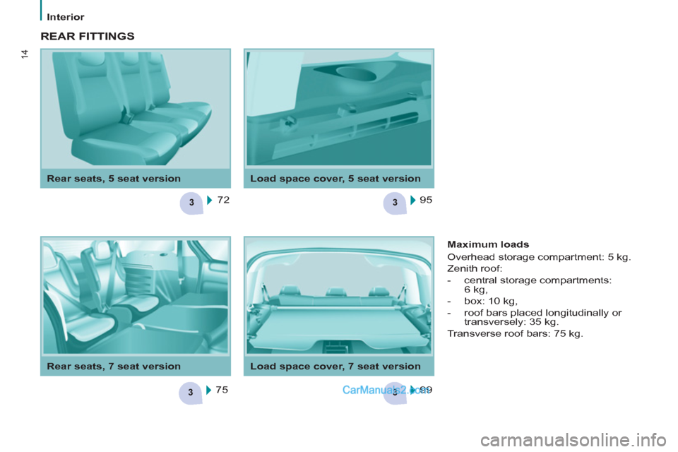 Peugeot Partner Tepee 2013   - RHD (UK, Australia) User Guide 3
3
3
3
14
Interior
   
Load space cover, 5 seat version   
 
Rear seats, 5 seat version 
 
REAR FITTINGS  
 
72  
  75    95  
  99     
Maximum loads 
  Overhead storage compartment: 5 kg. 
  Zenith