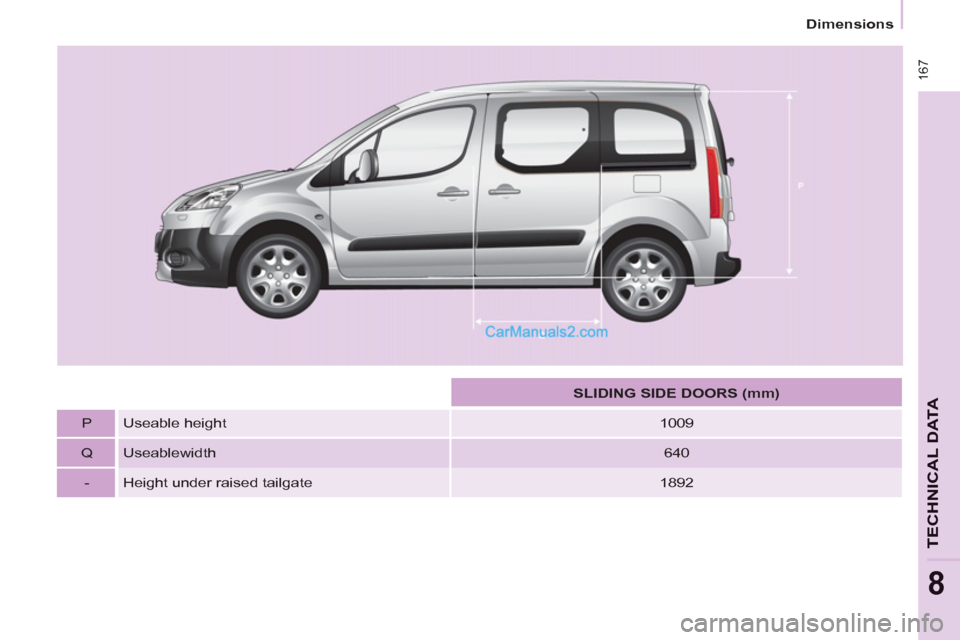 Peugeot Partner Tepee 2013  Owners Manual - RHD (UK, Australia)  16
7
Dimensions
TECHNICAL DAT
A
8
   
 
  
 
 
SLIDING SIDE DOORS (mm) 
 
 
   
P   Useable height    
1009  
   
Q   Useablewidth   
640  
   
-   Height under raised tailgate    
1892    