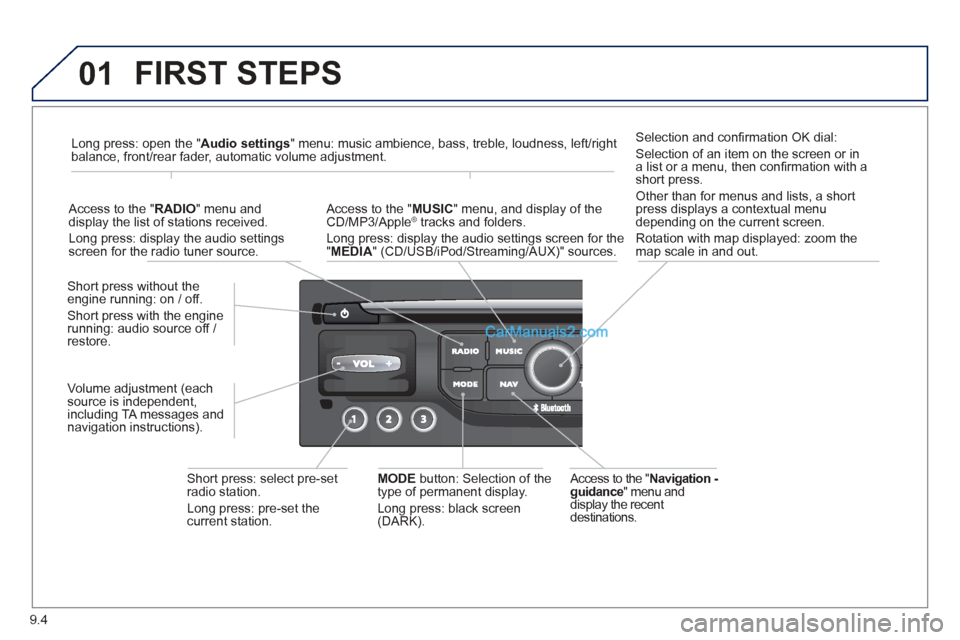 Peugeot Partner Tepee 2013  Owners Manual - RHD (UK, Australia) 9.4
01 FIRST STEPS
  Access to the "Navigation - guidance 
" menu anddisplay the recentdestinations.  
Short 
press without the engine running: on / off. 
Short press with the engine
running: audio so