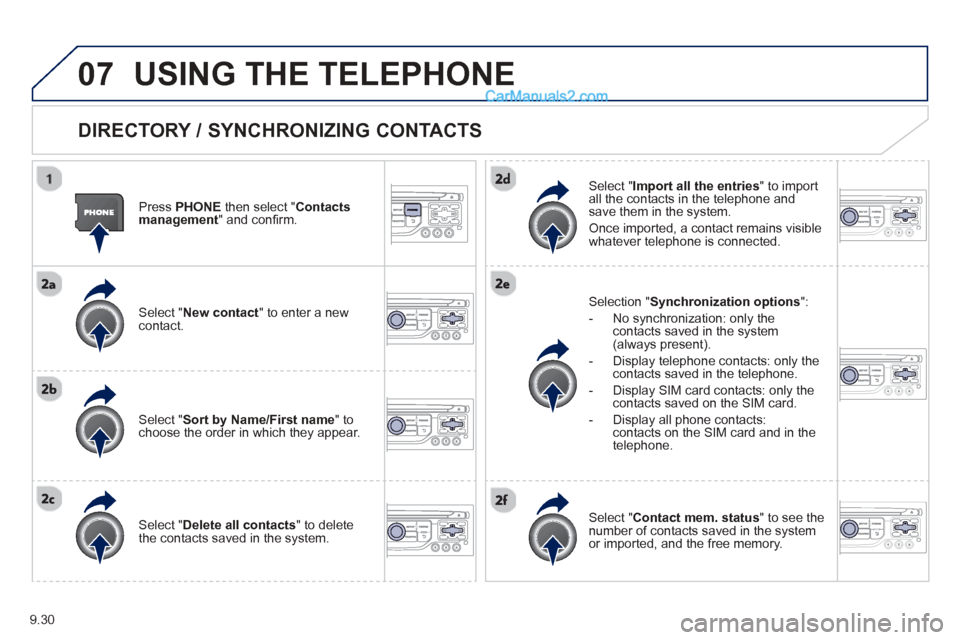 Peugeot Partner Tepee 2013  Owners Manual - RHD (UK, Australia) 9.30
07USING THE TELEPHONE
  
DIRECTORY / SYNCHRONIZING CONTACTS
  Press PHONE  then select " 
Contacts 
management " and conﬁ rm.   
  
Select "New contact 
" to enter a new contact.
  
Select "Sor