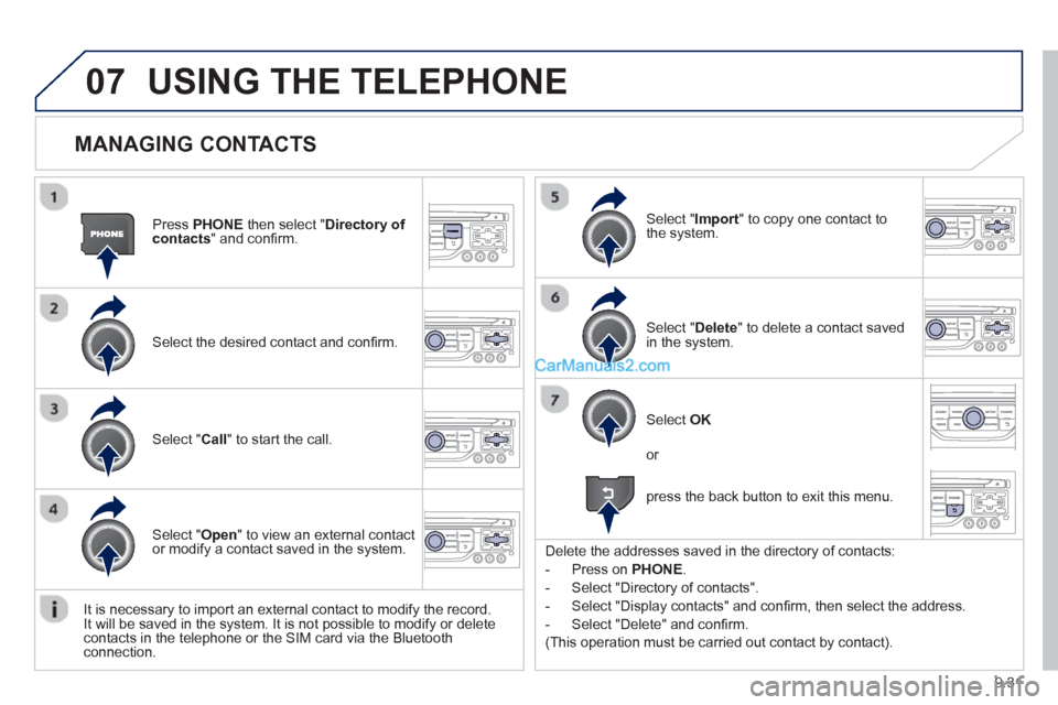 Peugeot Partner Tepee 2013  Owners Manual - RHD (UK, Australia) 9.31
07
  
MANAGING CONTACTS 
Press  PHONEthen select "Directory of contacts" and conﬁ rm.  
Select the desired contact and con ﬁ rm.   
Select "  Import" to copy one contact to
the system.
Select