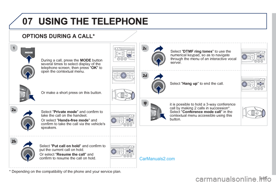 Peugeot Partner Tepee 2013  Owners Manual - RHD (UK, Australia) 9.35
07
  
OPTIONS DURING A CALL *  
During a call, press the  MODE  button 
several times to select display of the
telephone screen, then press " 
OK " to 
open the contextual menu.  
Select " Privat