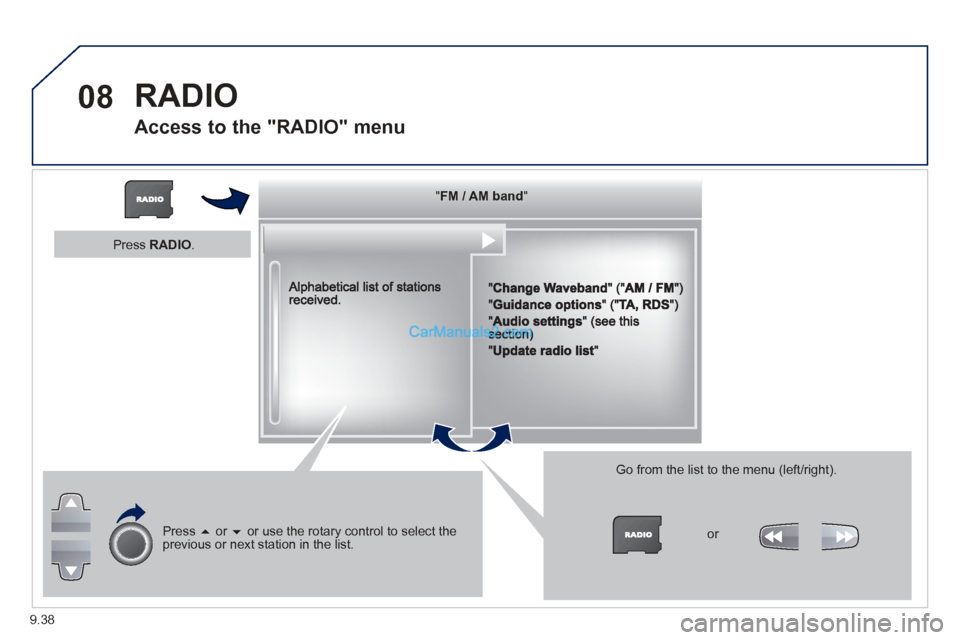 Peugeot Partner Tepee 2013  Owners Manual - RHD (UK, Australia) 9.38
08 RADIO 
      
Access to the "RADIO" menu 
  """"""""FM / AM bandFM / AM bandFM / AM bandFM / AM bandFM / AM bandFM / AM bandFM / AM bandFM / AM bandFM / AM bandFM / AM bandFM / AM bandFM / AM 