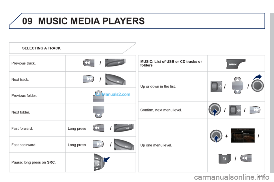Peugeot Partner Tepee 2013  Owners Manual - RHD (UK, Australia) 9.45
09
/
/
//
//
/
+/
/
/
MUSIC MEDIA PLAYERS 
   
SELECTING A TRACK
Previous track.
Next track.  
Pr
evious folder.    
N
ext folder.    
F
ast forward. 
F
ast backward. 
Pause: lon
g press on   SRC