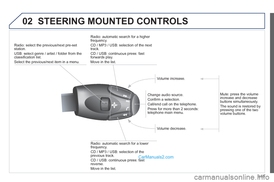 Peugeot Partner Tepee 2013  Owners Manual - RHD (UK, Australia) 9.65
02STEERING MOUNTED CONTROLS 
Radio: select the previous/next pre-setstation. 
U
SB: select genre / artist / folder from the classiﬁ cation list.
Select the previous/next item in a menu.  
   
C