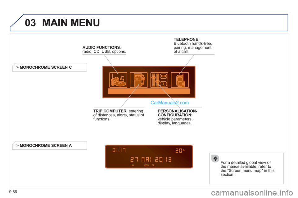 Peugeot Partner Tepee 2013  Owners Manual - RHD (UK, Australia) 9.66
03
AUDIO FUNCTIONS  :radio, CD, USB, options.
   
 
 
 
 
 
 
 
> MONOCHROME SCREEN C
For a detailed 
global view of 
the menus available, refer to 
the "Screen menu map" in thissection.  
 
TELE