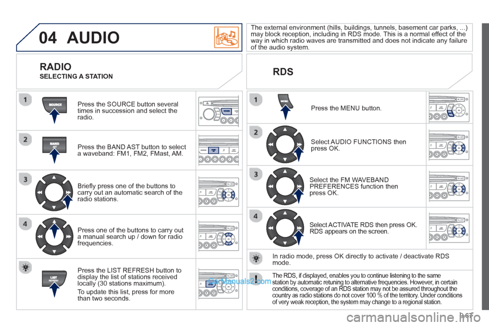 Peugeot Partner Tepee 2013  Owners Manual - RHD (UK, Australia) 9.67
04  AUDIO 
 
Press the SOURCE button several 
times in succession and select theradio.  
   
Press the BAND A
ST button to select 
a waveband: FM1, FM2, FMast, AM.  
   
Brieﬂ 
y press one of t