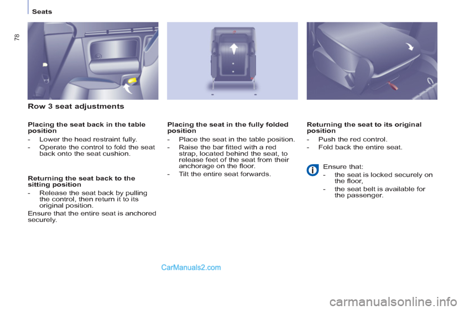 Peugeot Partner Tepee 2013   - RHD (UK, Australia) Manual PDF 78
Seats
   
Row 3 seat adjustments 
 
 
Placing the seat back in the table 
position 
   
 
-   Lower the head restraint fully. 
   
-   Operate the control to fold the seat 
back onto the seat cushi