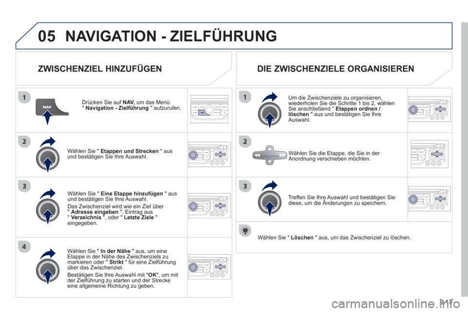 Peugeot Partner Tepee 2013  Betriebsanleitung (in German) 9.17
05NAVIGATION - ZIELFÜHRUNG 
   
ZWISCHENZIEL HINZUFÜGEN
 
 
Drücken Sie auf  NAV, 
 um das Menü"Navigation - Zielführung 
 " aufzurufen.
W
ählen Sie " Etappen und Strecken" ausund bestätig