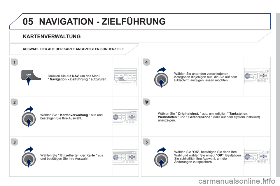 Peugeot Partner Tepee 2013 Betriebsanleitung (in German) 9.19
05NAVIGATION - ZIELFÜHRUNG
Drücken Sie auf NAV,
um das Menü
" Navigation - Zielführung" aufzurufen.
KARTENVERWALTUNG
AUSWAHL DER AUF DER KARTE ANGEZEIGTEN SONDERZIELE
W
ählen Peugeot Partner Tepee 2013 Betriebsanleitung (in German) 9.19
05NAVIGATION - ZIELFÜHRUNG
Drücken Sie auf NAV,
um das Menü
" Navigation - Zielführung" aufzurufen.
KARTENVERWALTUNG
AUSWAHL DER AUF DER KARTE ANGEZEIGTEN SONDERZIELE
W
ählen