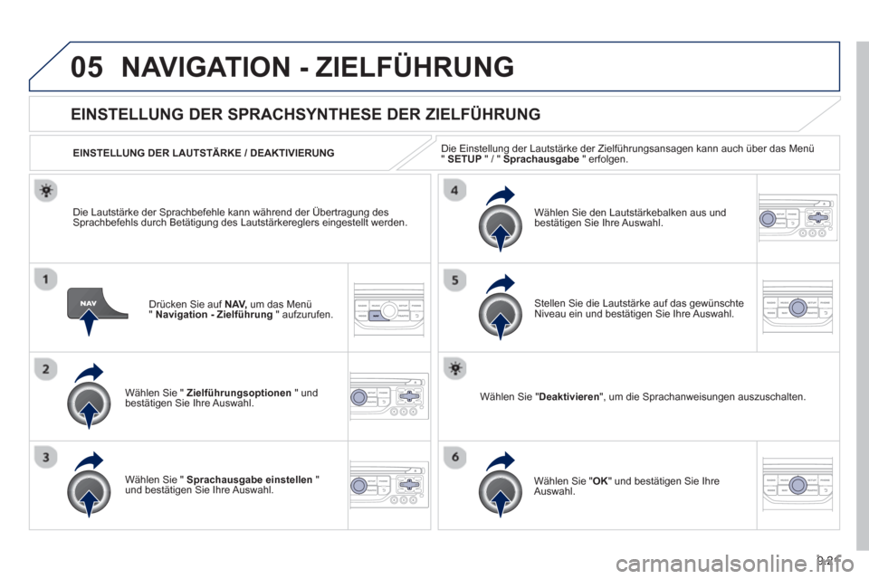 Peugeot Partner Tepee 2013 Betriebsanleitung (in German) 9.21
05NAVIGATION - ZIELFÜHRUNG
Drücken Sie auf NAV,
um das Menü
"Navigation - Zielführung" aufzurufen.
EINSTELLUNG DER SPRACHSYNTHESE DER ZIELFÜHRUNG
Wählen Sie " Zielführung Peugeot Partner Tepee 2013 Betriebsanleitung (in German) 9.21
05NAVIGATION - ZIELFÜHRUNG
Drücken Sie auf NAV,
um das Menü
"Navigation - Zielführung" aufzurufen.
EINSTELLUNG DER SPRACHSYNTHESE DER ZIELFÜHRUNG
Wählen Sie " Zielführung