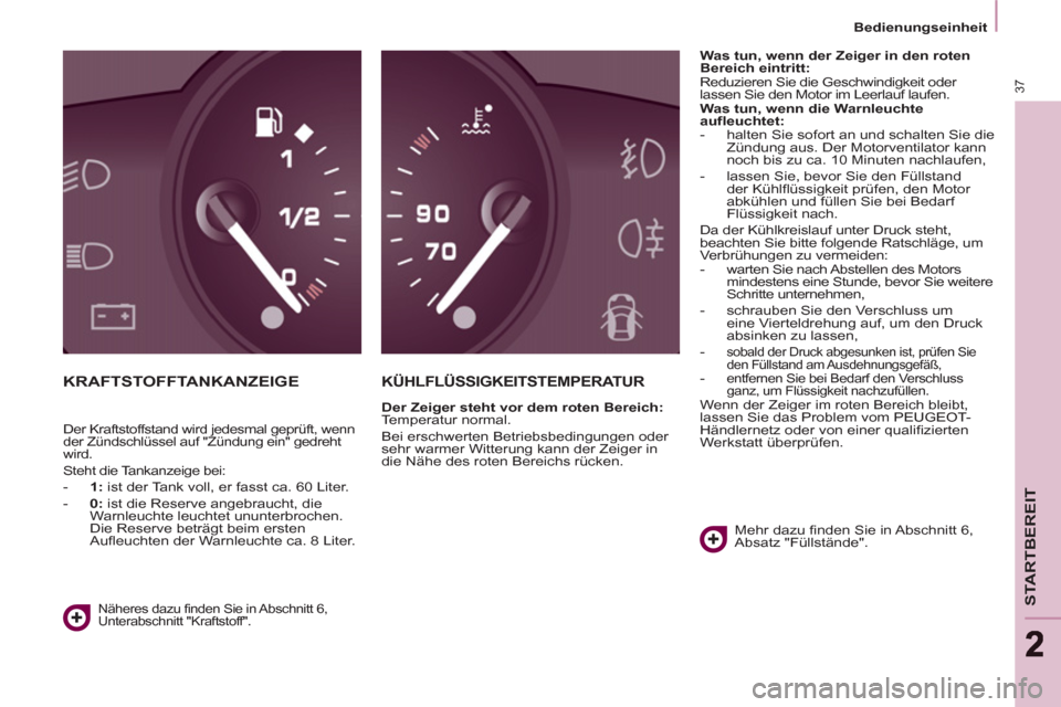 Peugeot Partner Tepee 2013  Betriebsanleitung (in German) 37
STARTBEREIT
22
   
 
Bedienungseinheit  
 
 
KRAFTSTOFFTANKANZEIGE  
KÜHLFLÜSSIGKEITSTEMPERATUR 
 
 
Der Zeiger steht vor dem roten Bereich: 
 
Temperatur normal. 
  Bei erschwerten Betriebsbedin