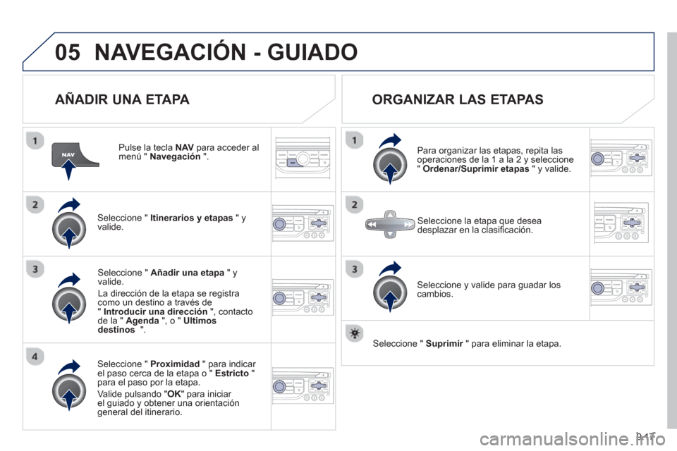 Peugeot Partner Tepee 2013 Manual del propietario (in Spanish) 9.17
05NAVEGACIÓN - GUIADO
AÑADIR UNA ETAPA
Pulse la tecla NAVpara acceder al menú " Navegación".
Seleccione " Itinerarios y etapas
" yvalide.
Seleccione " Proximidad
" para indicar Peugeot Partner Tepee 2013 Manual del propietario (in Spanish) 9.17
05NAVEGACIÓN - GUIADO
AÑADIR UNA ETAPA
Pulse la tecla NAVpara acceder al menú " Navegación".
Seleccione " Itinerarios y etapas
" yvalide.
Seleccione " Proximidad
" para indicar