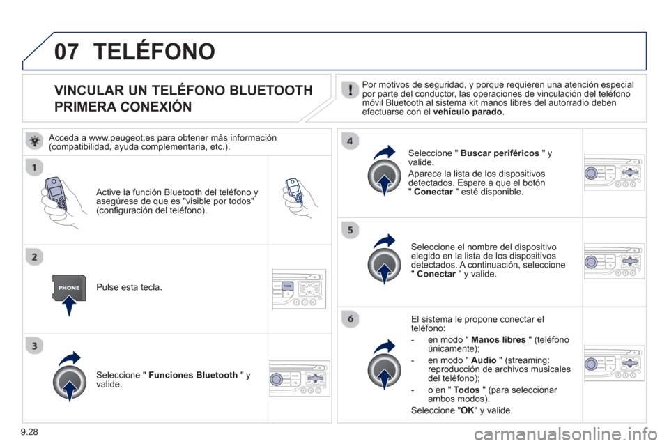 Peugeot Partner Tepee 2013 Manual del propietario (in Spanish) 9.28
07
VINCULAR UN TELÉFONO BLUETOOTH
PRIMERA CONEXIÓN Por motivos de seguridad, y porque requieren una atención especialpor parte del conductor, las operaciones de vinculación del teléfonom Peugeot Partner Tepee 2013 Manual del propietario (in Spanish) 9.28
07
VINCULAR UN TELÉFONO BLUETOOTH
PRIMERA CONEXIÓN Por motivos de seguridad, y porque requieren una atención especialpor parte del conductor, las operaciones de vinculación del teléfonom