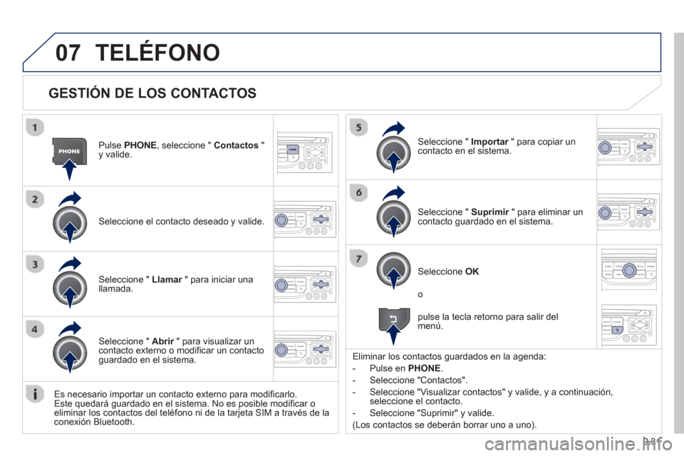 Peugeot Partner Tepee 2013  Manual del propietario (in Spanish) 9.31
07
   
GESTIÓN DE LOS CONTACTOS
Pulse PHONE 
, seleccione "  Contactos 
 " y valide.
Seleccione el contacto deseado 
y valide.
Seleccione "  Importar   " para copiar unrcontacto en el sistema.  