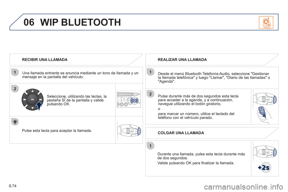 Peugeot Partner Tepee 2013  Manual del propietario (in Spanish) 9.74
06
   
RECIBIR UNA LLAMADA  
   
Una llamada entrante se anuncia mediante un tono de llamada 
y un mensaje en la pantalla del vehículo.
 
 
Seleccione, utilizando las teclas, lapestaña SÍ de l