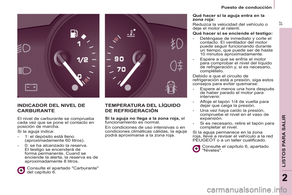 Peugeot Partner Tepee 2013 Manual del propietario (in Spanish) 37
LISTOS PARA SALIR
22
Puesto de conducción
INDICADOR DEL NIVEL DE
CARBURANTE TEMPERATURA DEL LÍQUIDO
DE REFRIGERACIÓN
Si la aguja
no llega a
la zona roja,
el
funcion Peugeot Partner Tepee 2013 Manual del propietario (in Spanish) 37
LISTOS PARA SALIR
22
Puesto de conducción
INDICADOR DEL NIVEL DE
CARBURANTE TEMPERATURA DEL LÍQUIDO
DE REFRIGERACIÓN
Si la aguja
no llega a
la zona roja,
el
funcion