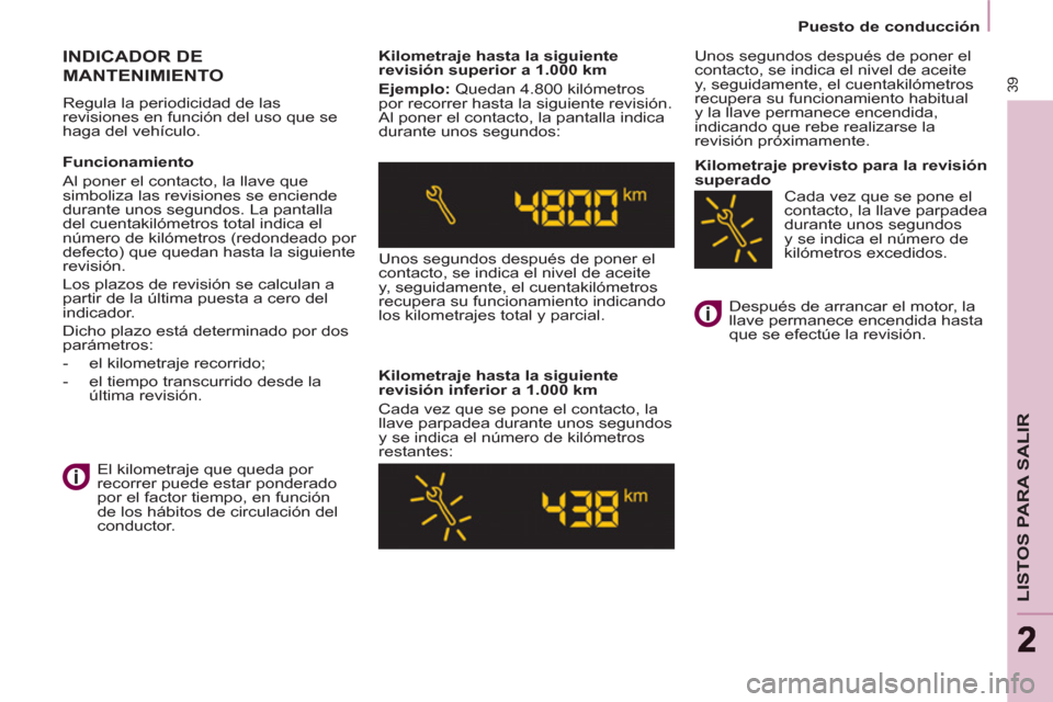 Peugeot Partner Tepee 2013  Manual del propietario (in Spanish) 39
LISTOS PARA SALIR
22
   
 
Puesto de conducción  
 
 
INDICADOR DE 
MANTENIMIENTO 
  Regula la periodicidad de las 
revisiones en función del uso que se 
haga del vehículo.     
Kilometraje hast
