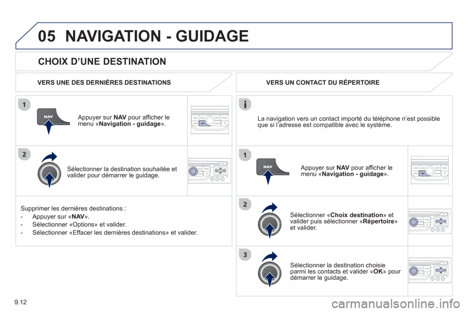 Peugeot Partner Tepee 2013 Manuel du propriétaire (in French) 9.12
05
CHOIX D’UNE DESTINATION
NAVIGATION - GUIDAGE
VERS UNE DES DERNIÈRES DESTINATIONS
Appuyer sur NAVpour afficher le menu «Navigation - guidage».
Sélectionner la destinati Peugeot Partner Tepee 2013 Manuel du propriétaire (in French) 9.12
05
CHOIX D’UNE DESTINATION
NAVIGATION - GUIDAGE
VERS UNE DES DERNIÈRES DESTINATIONS
Appuyer sur NAVpour afficher le menu «Navigation - guidage».
Sélectionner la destinati