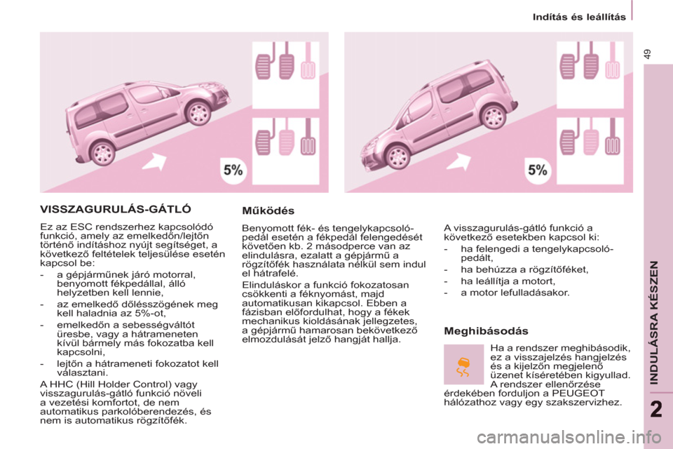 Peugeot Partner Tepee 2013 Kezelési útmutató (in Hungarian) 49
INDULÁSRA KÉSZEN
22
Indítás és leállítás
VISSZAGURULÁS-GÁTLÓ
Ez az ESC rendszerhez kapcsolódó
funkció, amely az emelkedőn/lejtőn
történő indításhoz nyújt seg Peugeot Partner Tepee 2013 Kezelési útmutató (in Hungarian) 49
INDULÁSRA KÉSZEN
22
Indítás és leállítás
VISSZAGURULÁS-GÁTLÓ
Ez az ESC rendszerhez kapcsolódó
funkció, amely az emelkedőn/lejtőn
történő indításhoz nyújt seg