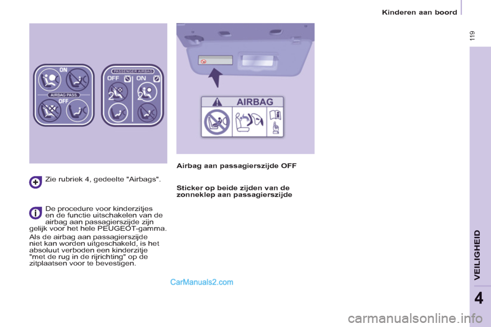 Peugeot Partner Tepee 2013 Handleiding (in Dutch) 11 9
VEILIGHEID
4
11 9
Kinderen aan boord
Zie rubriek 4,
gedeelte "Airbags".
De procedure voor kinderzitjes
en de functie uitschakelen van de
airbag aan passagierszijde zijn
Peugeot Partner Tepee 2013 Handleiding (in Dutch) 11 9
VEILIGHEID
4
11 9
Kinderen aan boord
Zie rubriek 4,
gedeelte "Airbags".
De procedure voor kinderzitjes
en de functie uitschakelen van de
airbag aan passagierszijde zijn