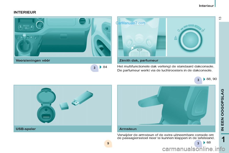 Peugeot Partner Tepee 2013  Handleiding (in Dutch) 39
3
3
13
1
IN EEN OOGOPSLA
G
   
 
Interieur  
 
   
Armsteun   
 
USB-speler     
Zénith dak, parfumeur 
 INTERIEUR
 
Verwijder de armsteun of de extra uitneembare console om 
de passagiersstoel ne