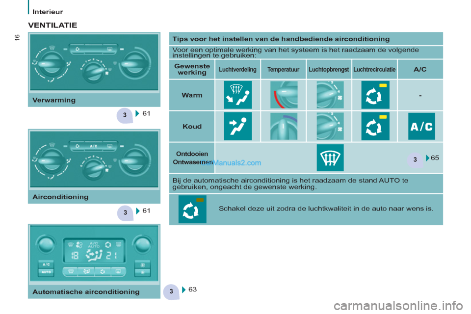 Peugeot Partner Tepee 2013  Handleiding (in Dutch) 3
3
3
3
16
   
 
Interieur  
 
 
 
VENTILATIE 
 
 
 
Tips voor het instellen van de handbediende airconditioning 
 
 
  Voor een optimale werking van het systeem is het raadzaam de volgende 
instellin