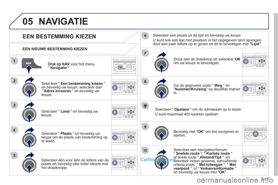 Peugeot Partner Tepee 2013  Handleiding (in Dutch) 9.11
05
NAV   voor het menu"Navigatie".
 
 
EEN NIEUWE BESTEMMING KIEZEN  
NAVIGATIE
 
 
 
 
 
 
 
 
 
 
EEN BESTEMMING KIEZEN
 
 Selecteer "  Een bestemming kiezen"en bevestig uw keuze, selecteer dan