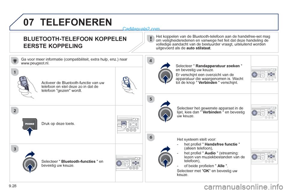 Peugeot Partner Tepee 2013  Handleiding (in Dutch) 9.28
07
   
 
 
 
 
 
 
 
 
 
 
BLUETOOTH-TELEFOON KOPPELEN  
EERSTE KOPPELING  Het koppelen van de Bluetooth-telefoon aan de handsfree-set magom veiligheidsredenen en vanwege het feit dat deze handel