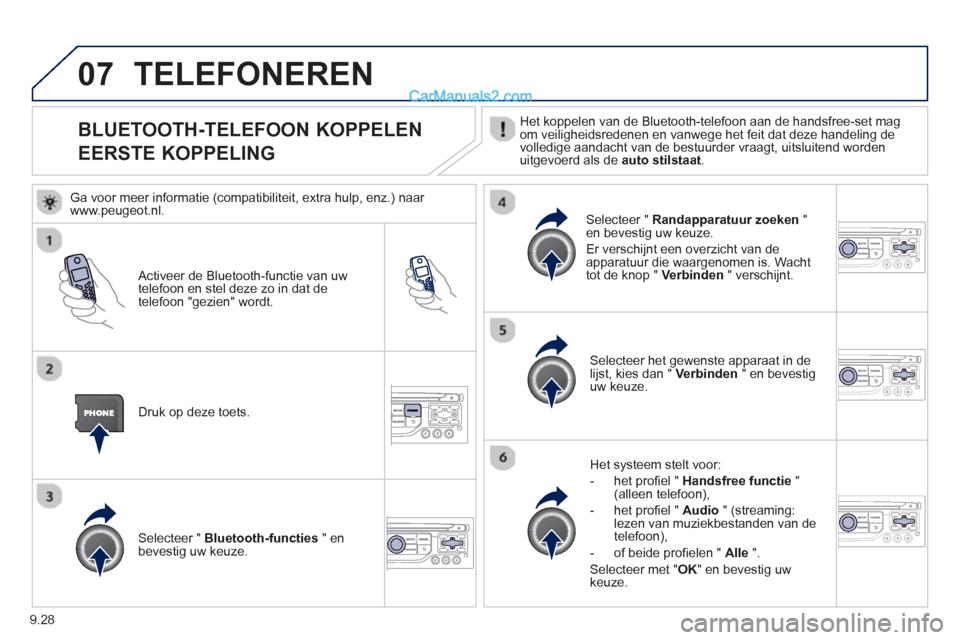 Peugeot Partner Tepee 2013 Handleiding (in Dutch) 9.28
07
BLUETOOTH-TELEFOON KOPPELEN
EERSTE KOPPELING Het koppelen van de Bluetooth-telefoon aan de handsfree-set magom veiligheidsredenen en vanwege het feit dat deze handel Peugeot Partner Tepee 2013 Handleiding (in Dutch) 9.28
07
BLUETOOTH-TELEFOON KOPPELEN
EERSTE KOPPELING Het koppelen van de Bluetooth-telefoon aan de handsfree-set magom veiligheidsredenen en vanwege het feit dat deze handel
