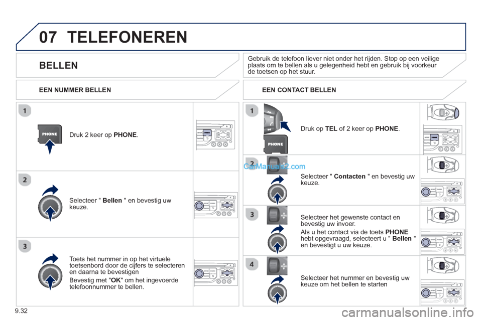 Peugeot Partner Tepee 2013 Handleiding (in Dutch) 9.32
07TELEFONEREN
Druk 2 keer op PHONE.
Selecteer " Bellen" en bevestig uwkeuze.
Selecteer " Contacten
" en bevestig uw keuze.
Toets het nummer in op het virtuele
toetsenbord door de cijfers Peugeot Partner Tepee 2013 Handleiding (in Dutch) 9.32
07TELEFONEREN
Druk 2 keer op PHONE.
Selecteer " Bellen" en bevestig uwkeuze.
Selecteer " Contacten
" en bevestig uw keuze.
Toets het nummer in op het virtuele
toetsenbord door de cijfers