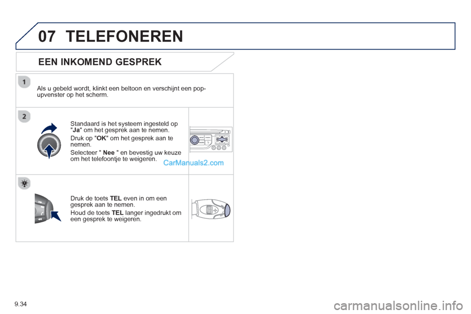 Peugeot Partner Tepee 2013 Handleiding (in Dutch) 9.34
07TELEFONEREN
EEN INKOMEND GESPREK
Als u gebeld wordt, klinkt een beltoon en verschijnt een pop-upvenster op het scherm.
Standaard is het s
ysteem ingesteld op "Ja" om het gesprek aan Peugeot Partner Tepee 2013 Handleiding (in Dutch) 9.34
07TELEFONEREN
EEN INKOMEND GESPREK
Als u gebeld wordt, klinkt een beltoon en verschijnt een pop-upvenster op het scherm.
Standaard is het s
ysteem ingesteld op "Ja" om het gesprek aan