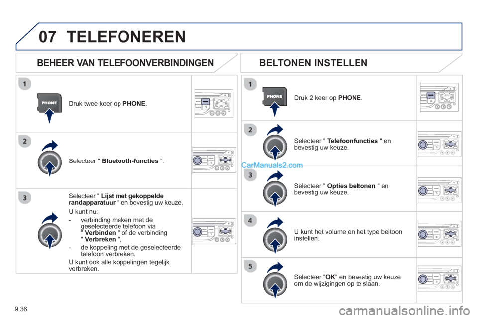 Peugeot Partner Tepee 2013  Handleiding (in Dutch) 9.36
07
Druk twee keer op  PHONE.   
Selecteer "  Lijst met gekoppelderandapparatuur 
 " en bevestig uw keuze.  r
U kunt nu:
-  verbindin
g maken met degeselecteerde telefoon via"Verbinden 
 " of de v