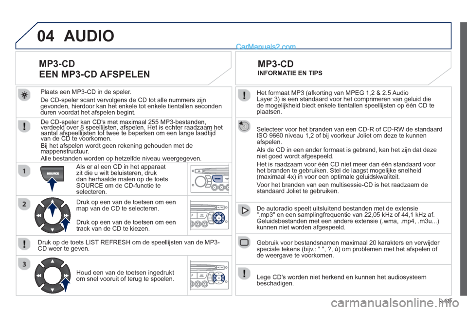 Peugeot Partner Tepee 2013 Handleiding (in Dutch) 9.69
04
Het formaat MP3 (afkorting van MPEG 1,2 & 2.5 Audio
Layer 3) is een standaard voor het comprimeren van geluid die
de mogelijkheid biedt enkele tientallen speellijsten op één CD te plaatse Peugeot Partner Tepee 2013 Handleiding (in Dutch) 9.69
04
Het formaat MP3 (afkorting van MPEG 1,2 & 2.5 Audio
Layer 3) is een standaard voor het comprimeren van geluid die
de mogelijkheid biedt enkele tientallen speellijsten op één CD te plaatse