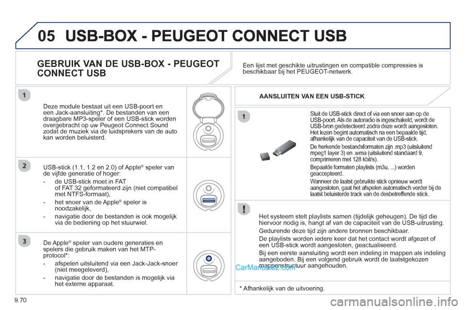 Peugeot Partner Tepee 2013 Handleiding (in Dutch) 9.70
05
Het systeem stelt playlists samen (tijdelijk geheugen). De tijd die
hiervoor nodig is, hangt af van de capaciteit van de USB-uitrusting.
Gedurende deze tijd zijn andere bronnen beschikb Peugeot Partner Tepee 2013 Handleiding (in Dutch) 9.70
05
Het systeem stelt playlists samen (tijdelijk geheugen). De tijd die
hiervoor nodig is, hangt af van de capaciteit van de USB-uitrusting.
Gedurende deze tijd zijn andere bronnen beschikb