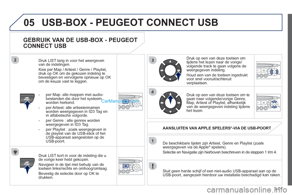 Peugeot Partner Tepee 2013 Handleiding (in Dutch) 9.71
05
GEBRUIK VAN DE USB-BOX - PEUGEOT
CONNECT USB
Druk LIST kort in voor de indeling die u de vorige keer hebt gekozen.
Navi
geer in de lijst met behulp van de
toetsen links/rechts en omho Peugeot Partner Tepee 2013 Handleiding (in Dutch) 9.71
05
GEBRUIK VAN DE USB-BOX - PEUGEOT
CONNECT USB
Druk LIST kort in voor de indeling die u de vorige keer hebt gekozen.
Navi
geer in de lijst met behulp van de
toetsen links/rechts en omho