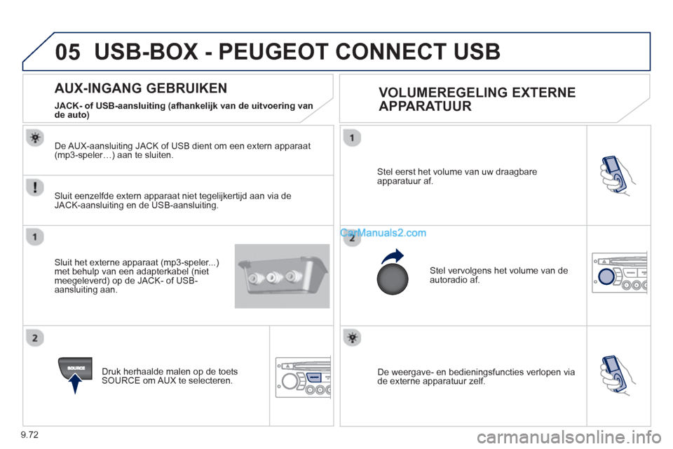 Peugeot Partner Tepee 2013 Handleiding (in Dutch) 9.72
05
De weergave- en bedieningsfuncties verlopen via
de externe apparatuur zelf.
Stel eerst het volume van uw draagbare
apparatuur af.
Stel vervolgens het volume van deautoradio af.
Peugeot Partner Tepee 2013 Handleiding (in Dutch) 9.72
05
De weergave- en bedieningsfuncties verlopen via
de externe apparatuur zelf.
Stel eerst het volume van uw draagbare
apparatuur af.
Stel vervolgens het volume van deautoradio af.