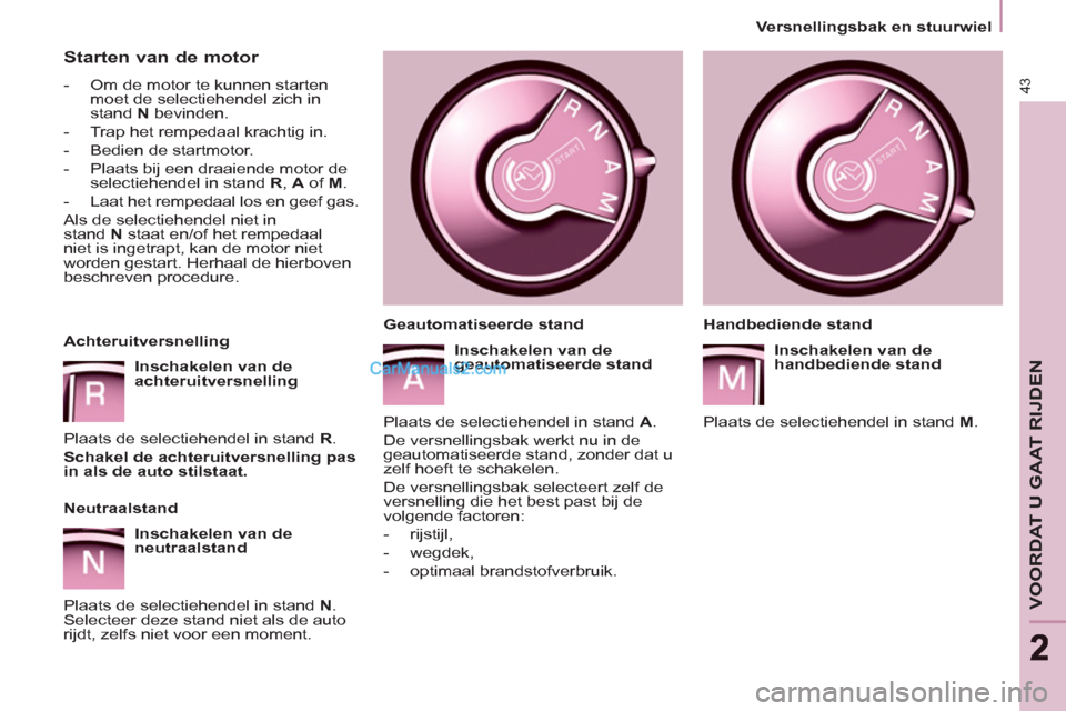 Peugeot Partner Tepee 2013  Handleiding (in Dutch) 43
VOORDAT U GAAT RIJDEN
22
   
 
Versnellingsbak en stuurwiel  
 
 
 
Starten van de motor 
 
 
 
-   Om de motor te kunnen starten 
moet de selectiehendel zich in 
stand  N 
 bevinden. 
   
-   Trap