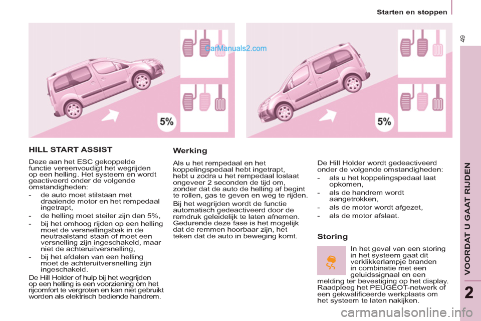Peugeot Partner Tepee 2013 Handleiding (in Dutch) 49
VOORDAT U GAAT RIJDEN
22
Starten en stoppen
HILL START ASSIST
Deze aan het ESC gekoppelde
functie vereenvoudigt het wegrijden
op een helling. Het systeem en wordt
geactiveerd onde Peugeot Partner Tepee 2013 Handleiding (in Dutch) 49
VOORDAT U GAAT RIJDEN
22
Starten en stoppen
HILL START ASSIST
Deze aan het ESC gekoppelde
functie vereenvoudigt het wegrijden
op een helling. Het systeem en wordt
geactiveerd onde