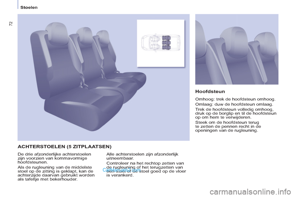 Peugeot Partner Tepee 2013 Handleiding (in Dutch) 72
Stoelen
ACHTERSTOELEN (5 ZITPLAATSEN)
Hoofdsteun
Omhoog: trek de hoofdsteun omhoog.
Omlaag: duw de hoofdsteun omlaag.
Trek de hoofdsteun volledig omhoog,
druk op de borgli Peugeot Partner Tepee 2013 Handleiding (in Dutch) 72
Stoelen
ACHTERSTOELEN (5 ZITPLAATSEN)
Hoofdsteun
Omhoog: trek de hoofdsteun omhoog.
Omlaag: duw de hoofdsteun omlaag.
Trek de hoofdsteun volledig omhoog,
druk op de borgli