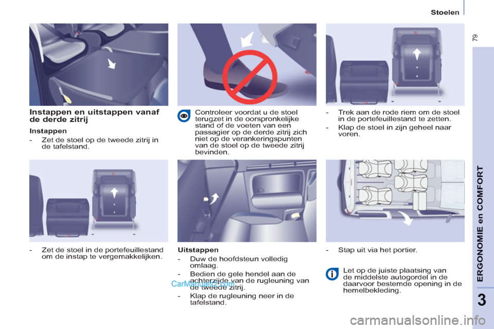 Peugeot Partner Tepee 2013 Handleiding (in Dutch) 79
ERGONOMI
E en
COMFOR
T
3
Stoelen
Instappen en uitstappen vanaf
de derde zitrij
Instappen
- Zet de stoel op de tweede zitrij in
de tafelstand.
Uitstappen
Peugeot Partner Tepee 2013 Handleiding (in Dutch) 79
ERGONOMI
E en
COMFOR
T
3
Stoelen
Instappen en uitstappen vanaf
de derde zitrij
Instappen
- Zet de stoel op de tweede zitrij in
de tafelstand.
Uitstappen