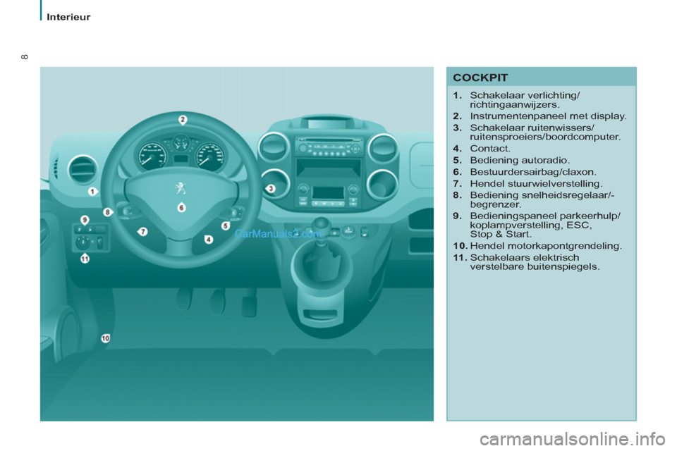 Peugeot Partner Tepee 2013  Handleiding (in Dutch) 8
   
 
Interieur  
 
 
 
COCKPIT 
 
 
 
1. 
 Schakelaar verlichting/
richtingaanwijzers. 
   
2. 
  Instrumentenpaneel met display. 
   
3. 
 Schakelaar ruitenwissers/
ruitensproeiers/boordcomputer. 