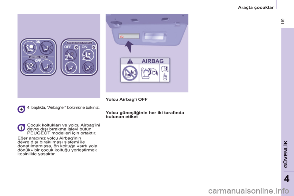 Peugeot Partner Tepee 2013  Kullanım Kılavuzu (in Turkish)  11 9
GÜVENLİK
4
 11 9
Araçta çocuklar
 
 
4. başlıkta, "Airbagler" bölümüne bakınız.  
 
 
Çocuk koltukları ve yolcu Airbagini 
devre dışı bırakma işlevi bütün 
PEUGEOT modeller
