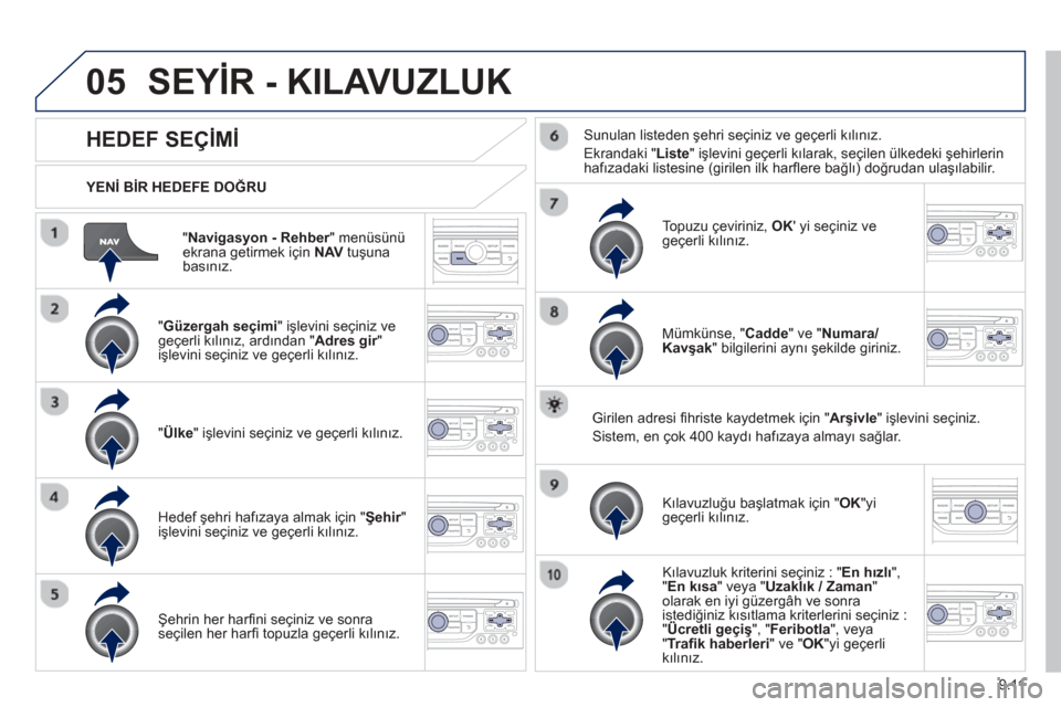 Peugeot Partner Tepee 2013  Kullanım Kılavuzu (in Turkish) 9.11
05
Navigasyon - Rehber" menüsünü rekrana getirmek için  NAVtuşunabasınız.  
  
YENİ
 BİR HEDEFE DOĞ RU
SEYİR - KILAVUZLUK
HEDEF SEÇİMİ  
  " Güzergah seçimi" işlevini seçiniz ve