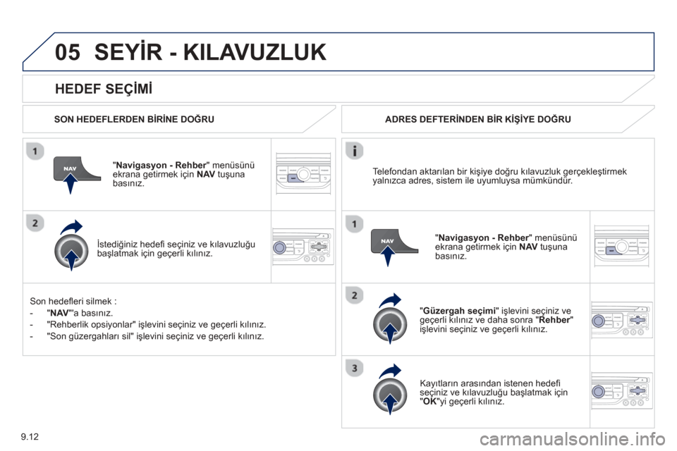 Peugeot Partner Tepee 2013  Kullanım Kılavuzu (in Turkish) 9.12
05
  
HEDEF SEÇİMİ  
SEYİ R - KILAVUZLUK
  SON HEDEFLERDEN Bİ RİNE DOĞ RU  
"
Navigasyon - Rehber" menüsünü rekrana getirmek için   NAV  tuşunabasınız.
  
İstediğiniz hede ﬁ  se